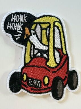 IRON OR SEW ON EMBROIDERED PATCH SILLY GOOSE IN A RED CAR HONK HONK